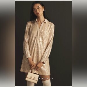 Anthropologie Pilcro Ivory Long-Sleeve Sequin Mini Shirt Dress Size Medium